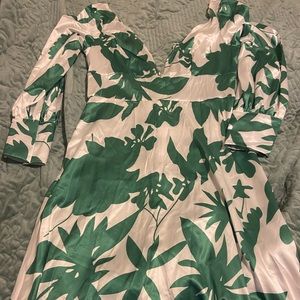 Green leaf silky maxi dress with deep V.